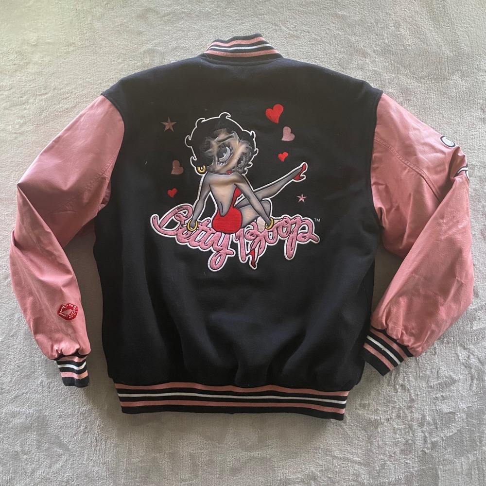 JH Design Betty Boop Varsity Jacket Black Pink Wool Faux Leather Embroidered L